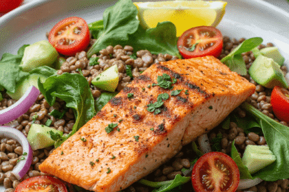 Grilled salmon atop a fresh salad of lentils, avocado, red onion, cherry tomatoes, and greens with lemon garnish on a white ceramic plate.