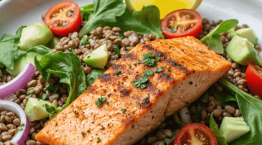 Grilled salmon atop a fresh salad of lentils, avocado, red onion, cherry tomatoes, and greens with lemon garnish on a white ceramic plate.