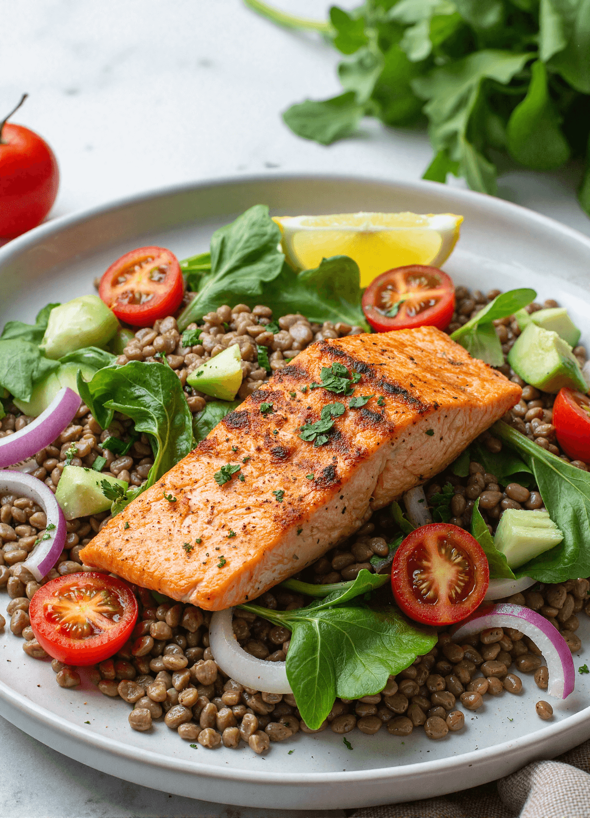 Grilled salmon atop a fresh salad of lentils, avocado, red onion, cherry tomatoes, and greens with lemon garnish on a white ceramic plate.