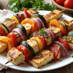 Grilled tofu and vegetable skewers with bell peppers, zucchini, and red onion arranged on a white plate with fresh parsley
