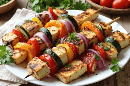 Grilled tofu and vegetable skewers with bell peppers, zucchini, and red onion arranged on a white plate with fresh parsley