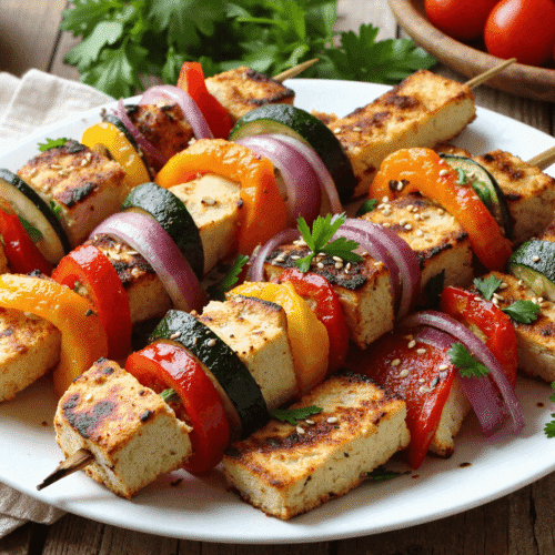 Grilled tofu and vegetable skewers with bell peppers, zucchini, and red onion arranged on a white plate with fresh parsley