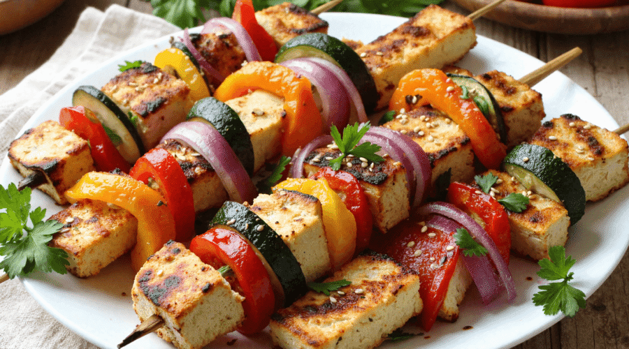 Grilled tofu and vegetable skewers with bell peppers, zucchini, and red onion arranged on a white plate with fresh parsley