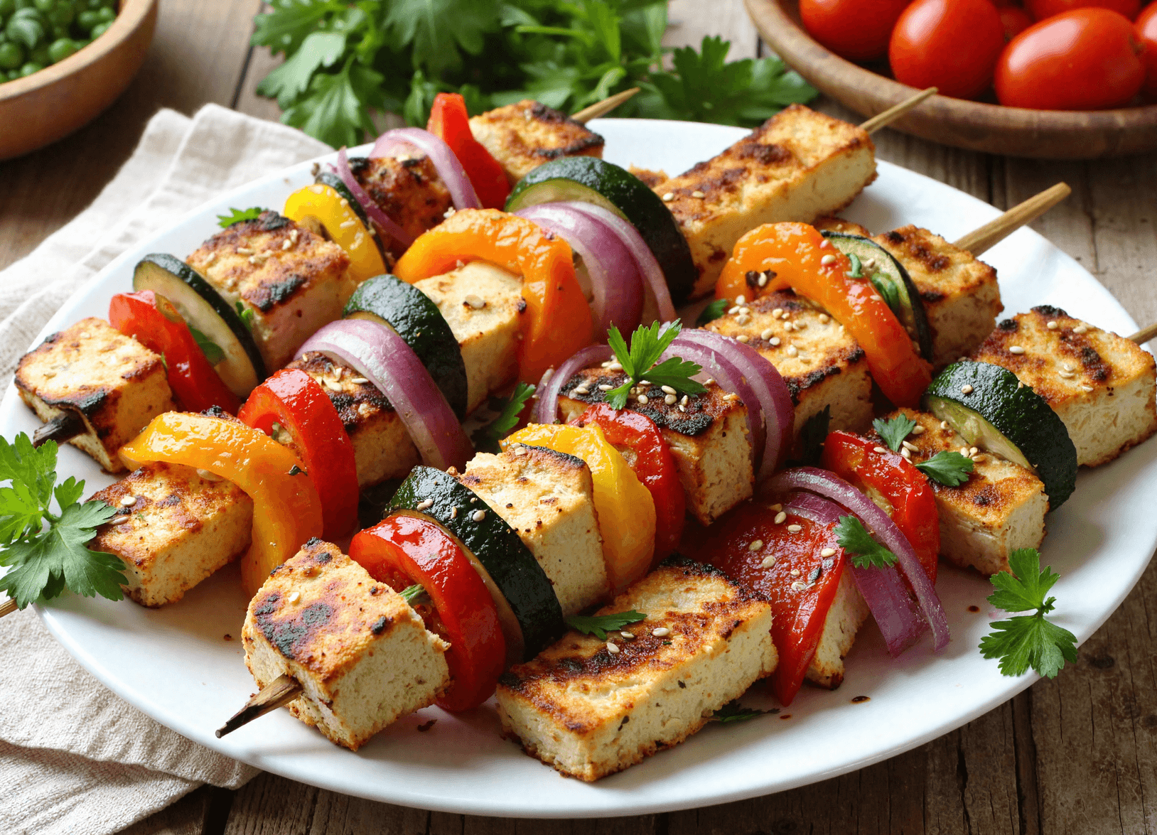 Grilled tofu and vegetable skewers with bell peppers, zucchini, and red onion arranged on a white plate with fresh parsley