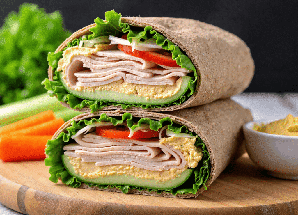 Turkey hummus wrap cut in half to reveal layers of lean deli turkey, hummus, lettuce, tomato, and cucumber inside a whole grain wrap