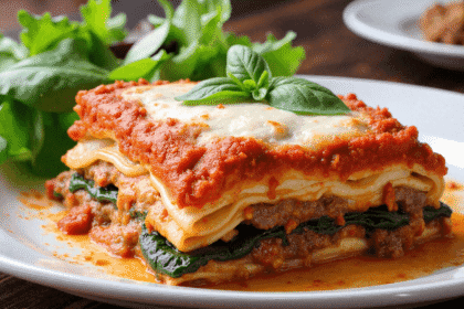 A hearty slice of high-protein lasagna layered with lean ground beef, fresh spinach, marinara sauce, and melted mozzarella cheese, served with a side of greens.