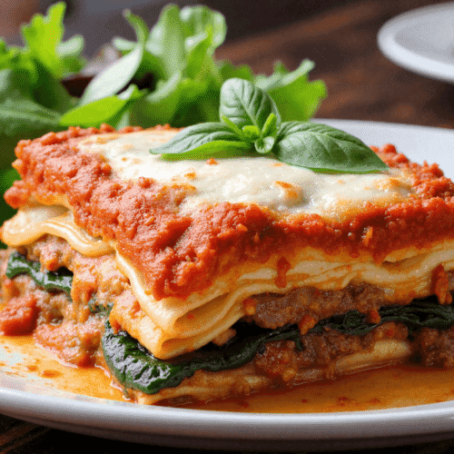A hearty slice of high-protein lasagna layered with lean ground beef, fresh spinach, marinara sauce, and melted mozzarella cheese, served with a side of greens.