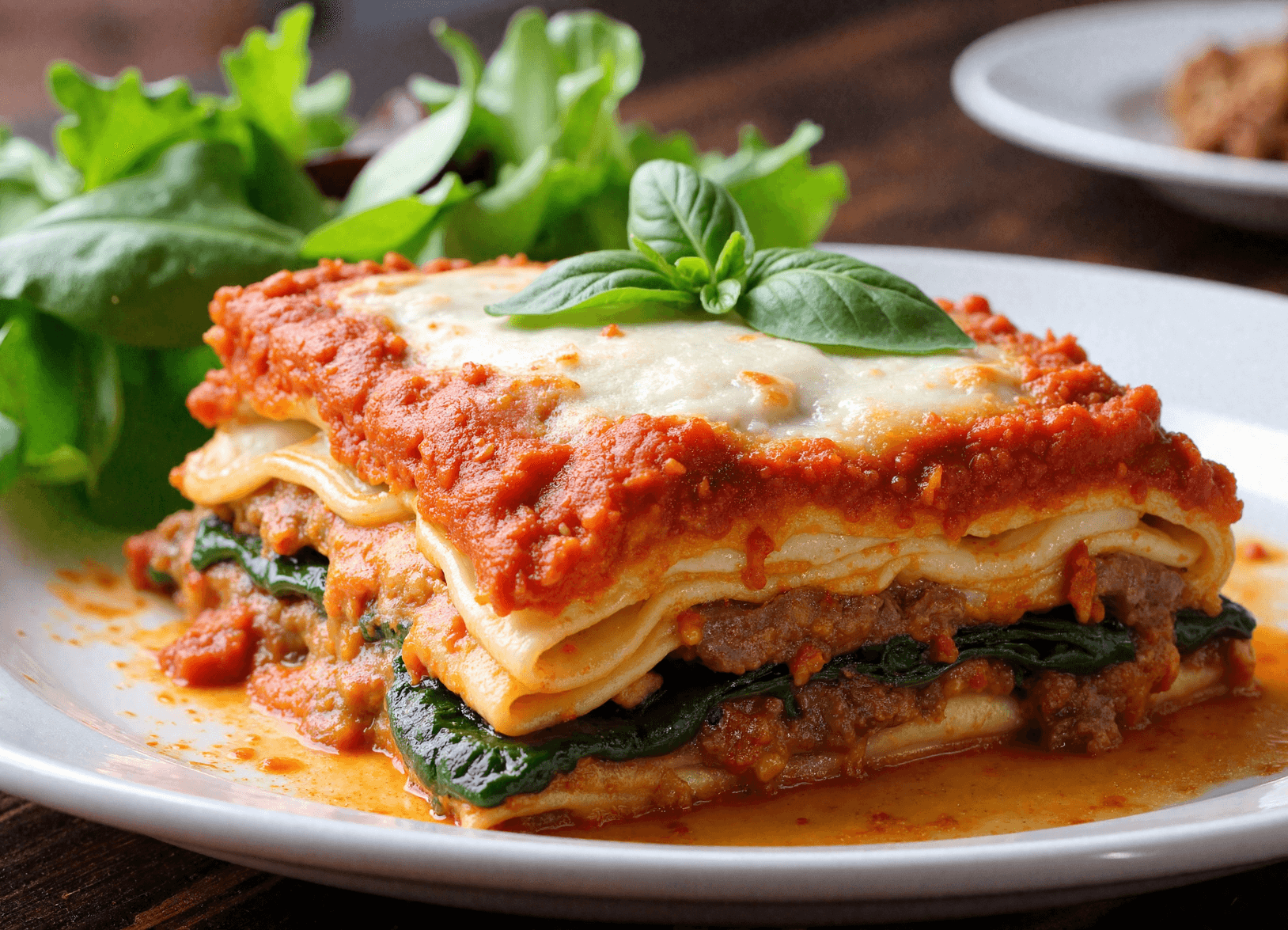 A hearty slice of high-protein lasagna layered with lean ground beef, fresh spinach, marinara sauce, and melted mozzarella cheese, served with a side of greens.