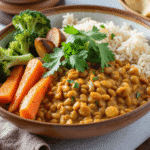 Lentil curry bowl with rice, broccoli, carrots, and roasted potatoes topped with fresh parsley.