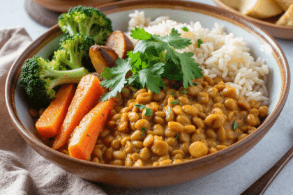 Lentil curry bowl with rice, broccoli, carrots, and roasted potatoes topped with fresh parsley.