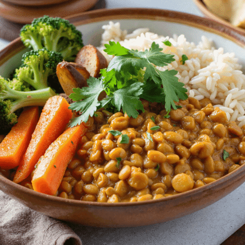 Lentil curry bowl with rice, broccoli, carrots, and roasted potatoes topped with fresh parsley.