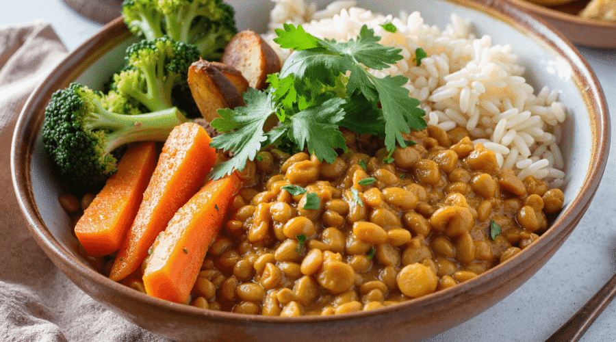 Lentil curry bowl with rice, broccoli, carrots, and roasted potatoes topped with fresh parsley.