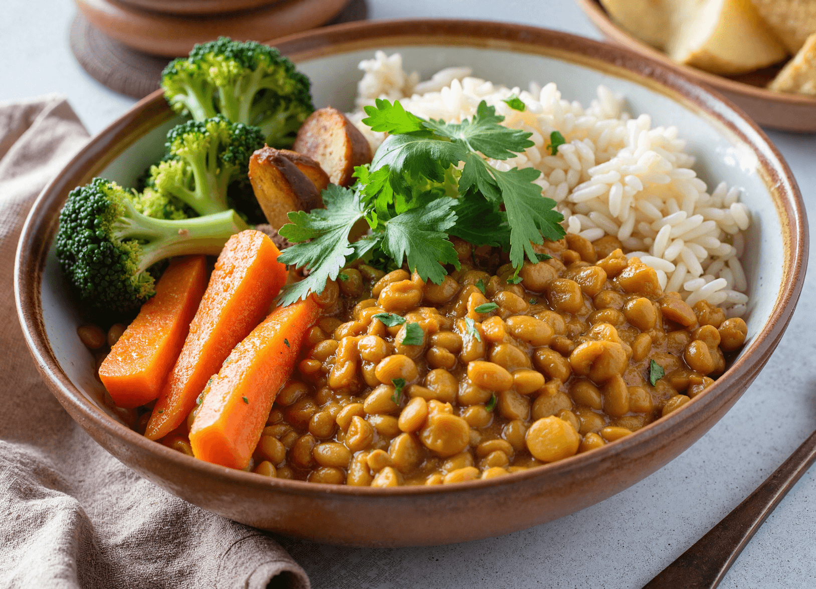 Lentil curry bowl with rice, broccoli, carrots, and roasted potatoes topped with fresh parsley.
