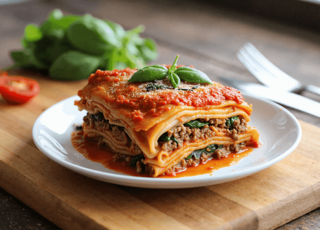 A portion of healthy macro-friendly lasagna with ground meat and spinach filling, topped with marinara sauce and garnished with basil, served on a white plate.