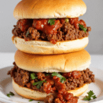 Two stacked sloppy joe sandwiches filled with juicy ground beef and tangy homemade tomato sauce, garnished with fresh parsley, served on a white plate.