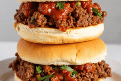 Two stacked sloppy joe sandwiches filled with juicy ground beef and tangy homemade tomato sauce, garnished with fresh parsley, served on a white plate.