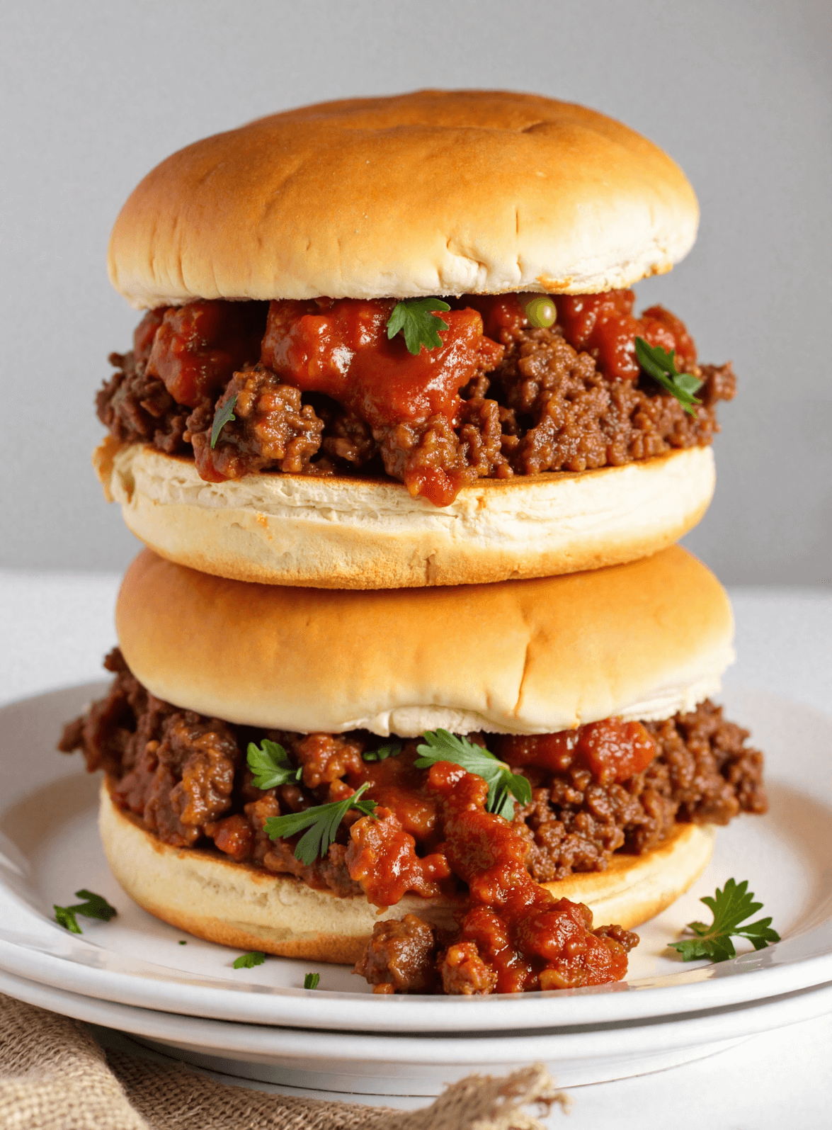Two stacked sloppy joe sandwiches filled with juicy ground beef and tangy homemade tomato sauce, garnished with fresh parsley, served on a white plate.