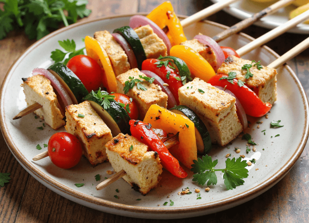 Vegan grilled tofu skewers with colorful vegetables on a ceramic plate garnished with parsley