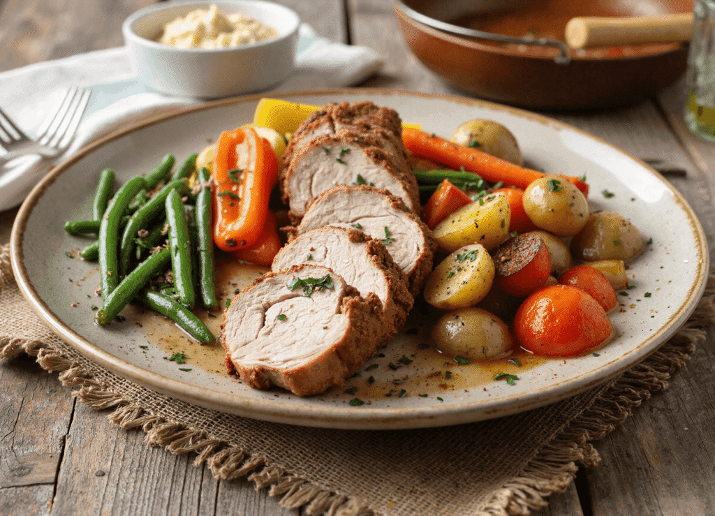 One-pan roasted pork tenderloin slices served with colorful vegetables and herbed potatoes on a dinner plate.