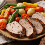 Sliced pork tenderloin served with roasted baby potatoes, cherry tomatoes, carrots, and green beans on a rustic dinner plate.