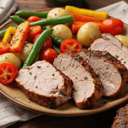 Sliced pork tenderloin served with roasted baby potatoes, cherry tomatoes, carrots, and green beans on a rustic dinner plate.