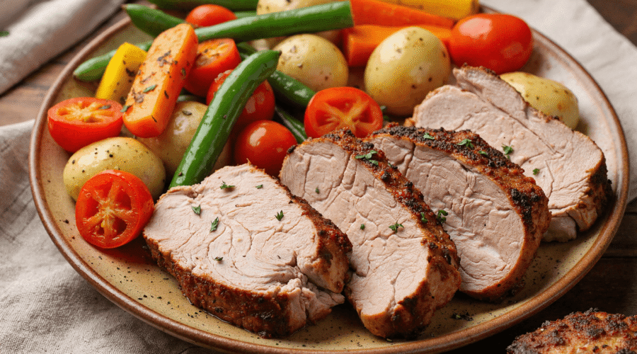 Sliced pork tenderloin served with roasted baby potatoes, cherry tomatoes, carrots, and green beans on a rustic dinner plate.