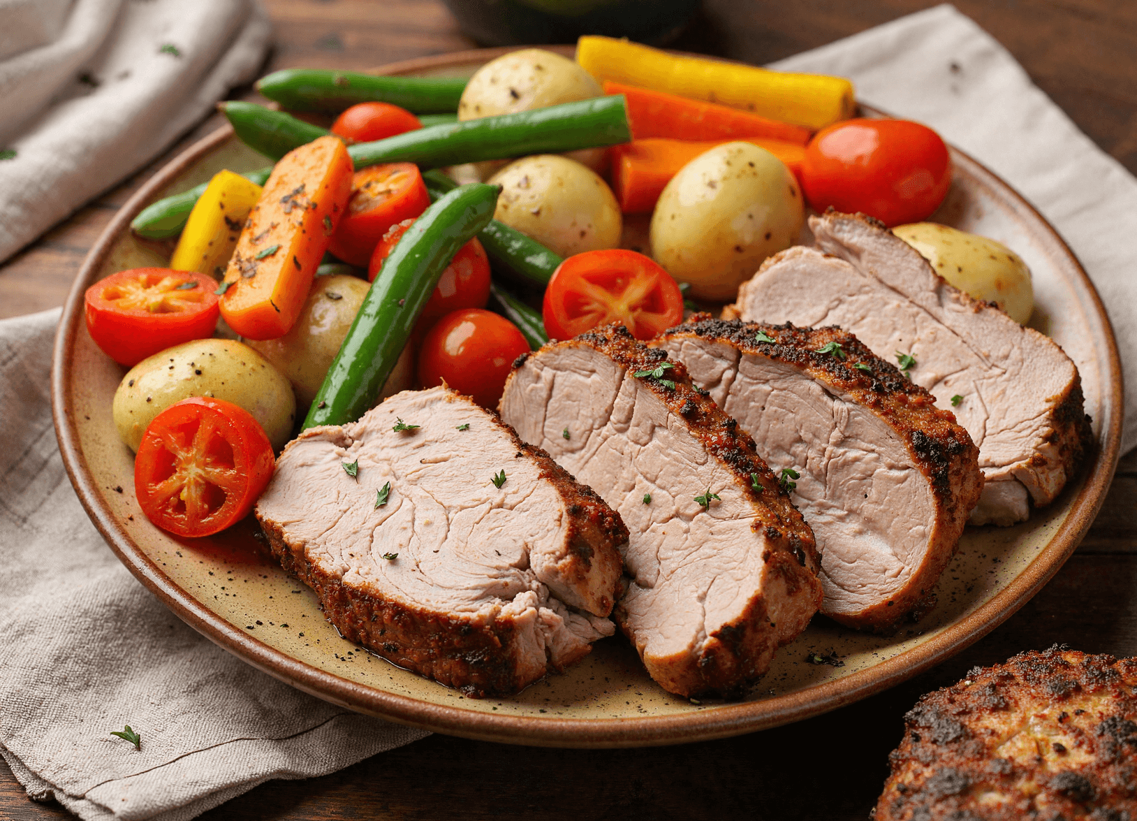 Sliced pork tenderloin served with roasted baby potatoes, cherry tomatoes, carrots, and green beans on a rustic dinner plate.