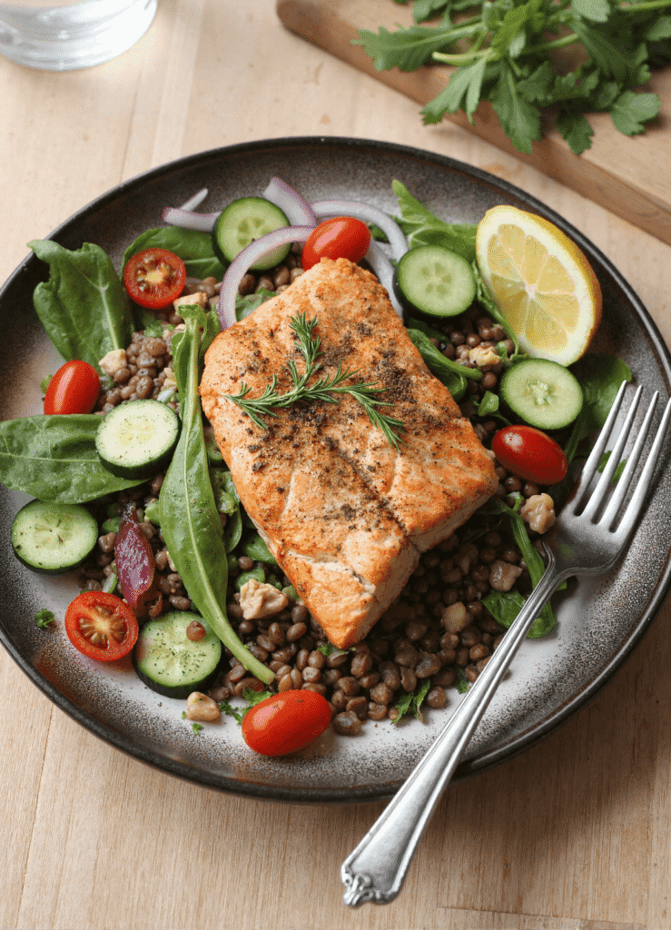 Grilled salmon served on a bed of lentils, avocado, cherry tomatoes, cucumbers, and spinach, garnished with lemon and rosemary on a rustic plate.