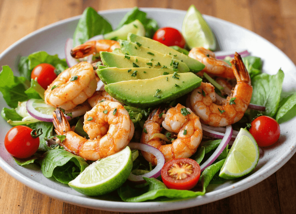 Large bowl of shrimp avocado salad with mixed greens, lime wedges, tomatoes, and red onions.