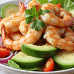 Close-up of shrimp and avocado salad with fresh greens, cherry tomatoes, and red onions on a white plate.