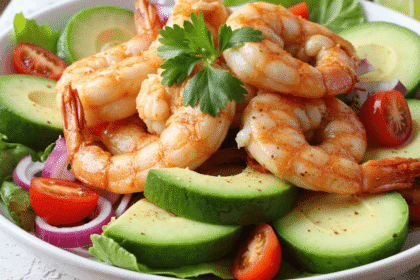 Close-up of shrimp and avocado salad with fresh greens, cherry tomatoes, and red onions on a white plate.