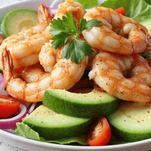 Close-up of shrimp and avocado salad with fresh greens, cherry tomatoes, and red onions on a white plate.