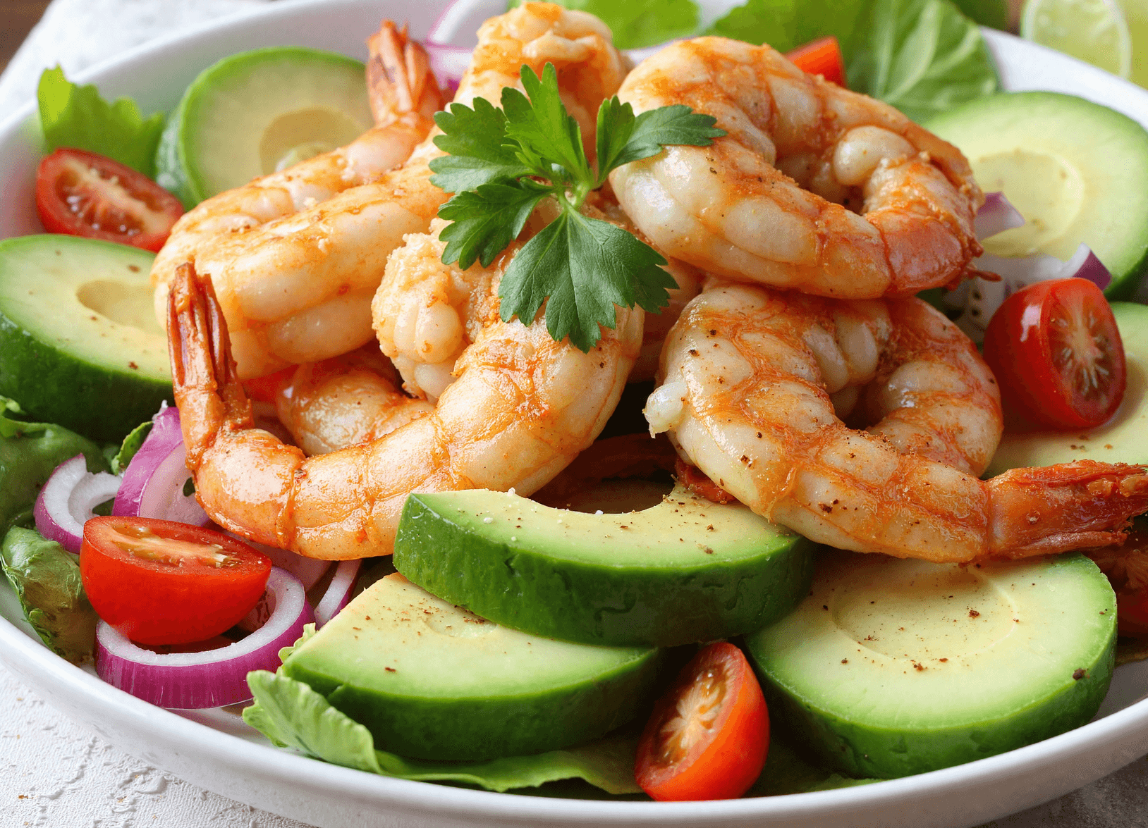 Close-up of shrimp and avocado salad with fresh greens, cherry tomatoes, and red onions on a white plate.