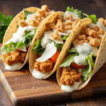 Three crispy smash chicken Caesar tacos on a wooden board filled with romaine lettuce, parmesan, creamy Caesar dressing, and golden chicken bites.