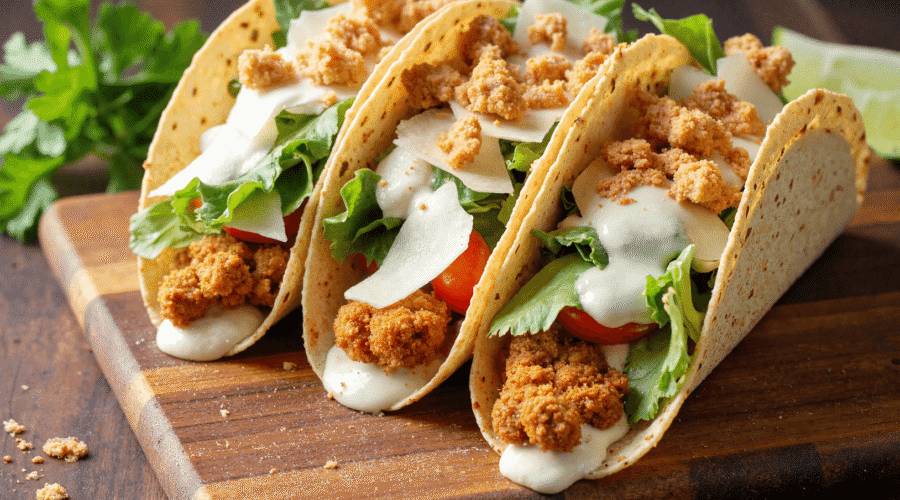 Three crispy smash chicken Caesar tacos on a wooden board filled with romaine lettuce, parmesan, creamy Caesar dressing, and golden chicken bites.