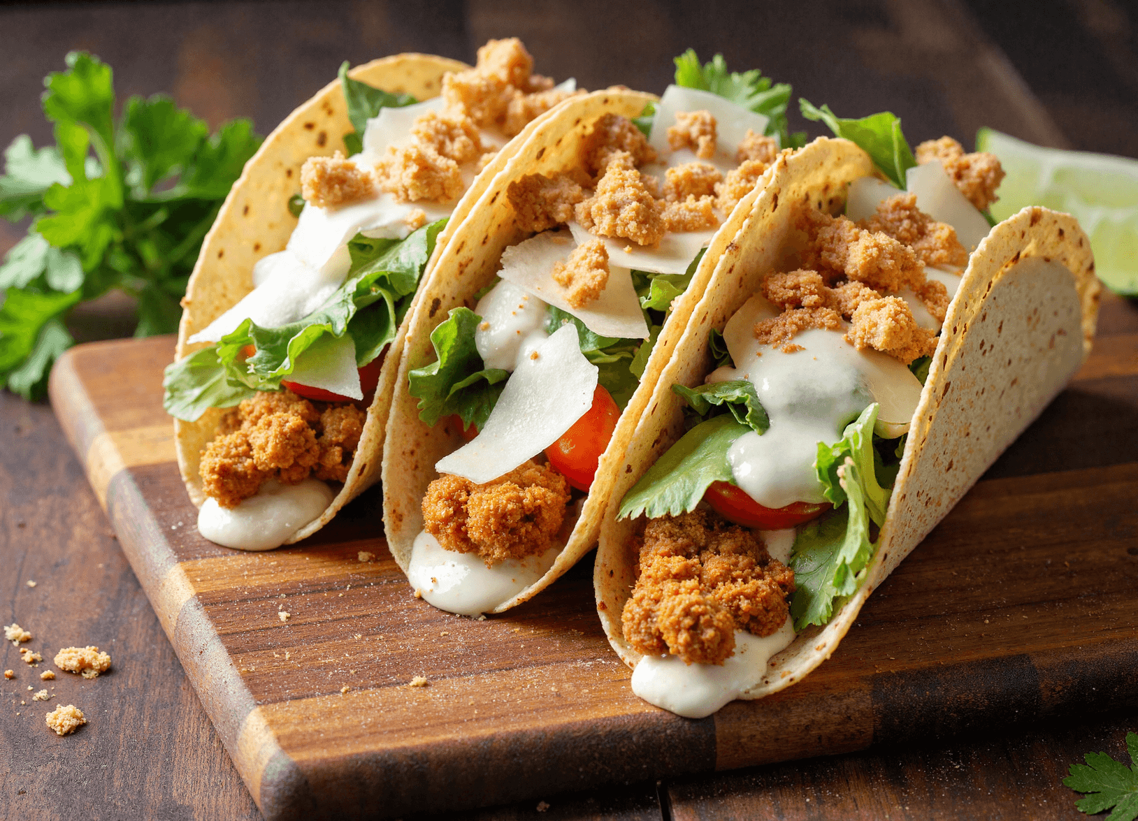 Three crispy smash chicken Caesar tacos on a wooden board filled with romaine lettuce, parmesan, creamy Caesar dressing, and golden chicken bites.