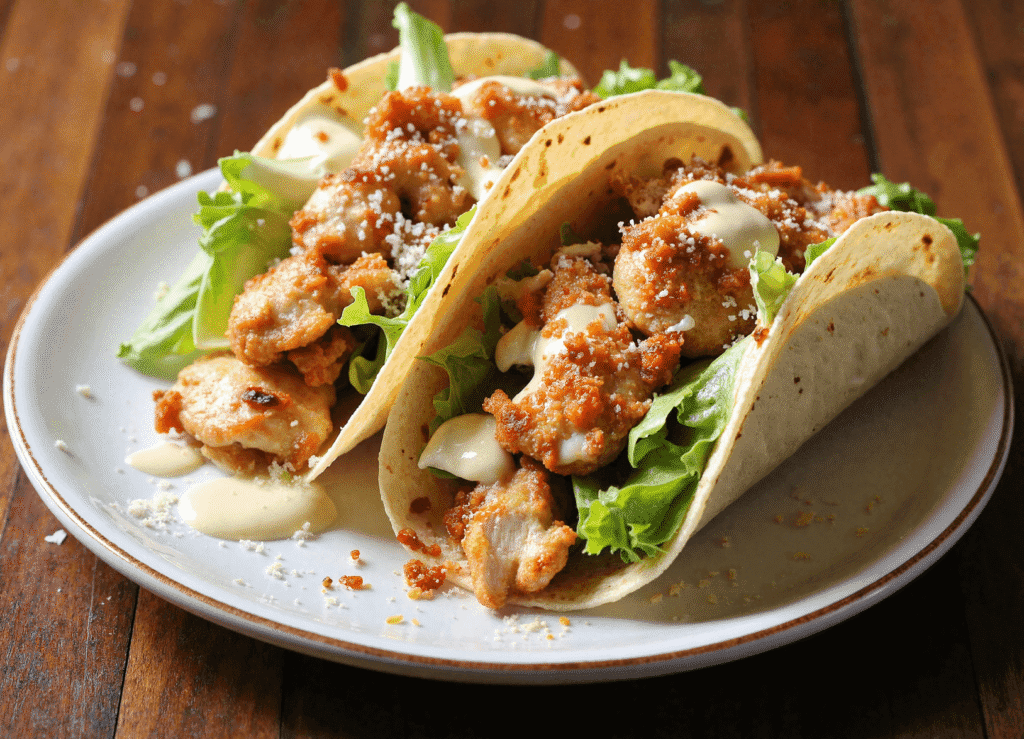 Two soft tortillas filled with crispy chicken, lettuce, Caesar dressing, and parmesan cheese, plated on a ceramic dish for a hearty high-protein lunch.