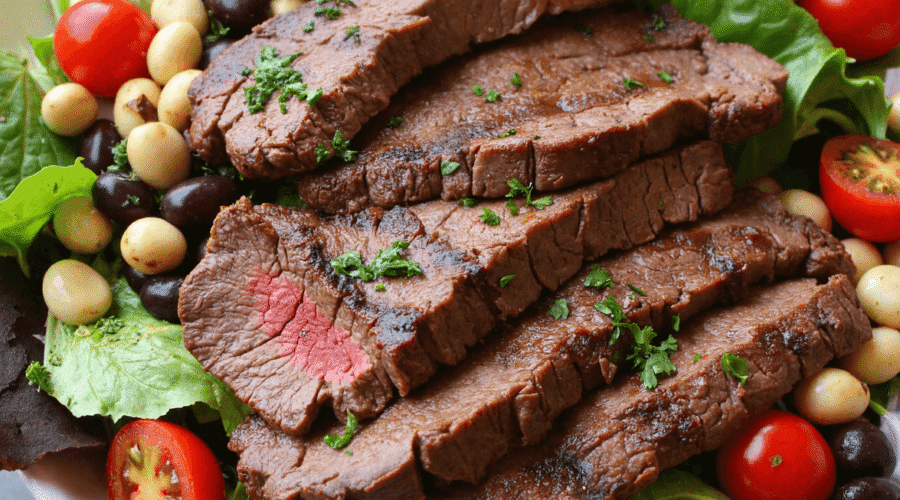 Grilled steak slices served over a vibrant green salad with black beans, cherry tomatoes, avocado slices, and red onion.