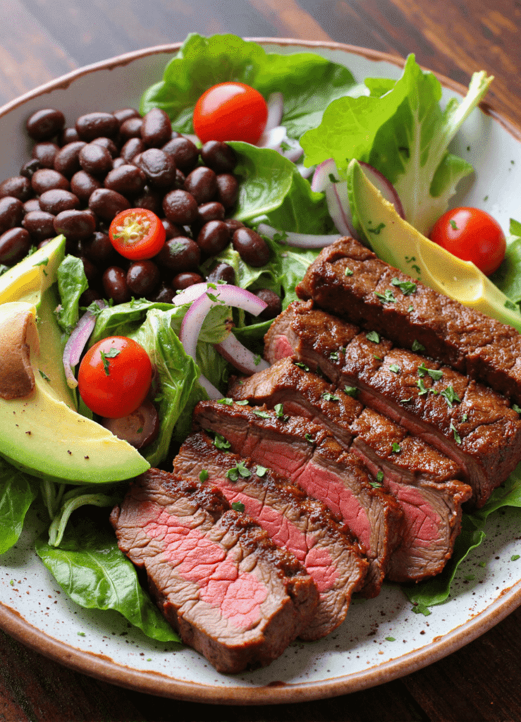 Tender grilled steak slices atop a hearty salad with lettuce, cherry tomatoes, creamy avocado, black beans, and white beans.