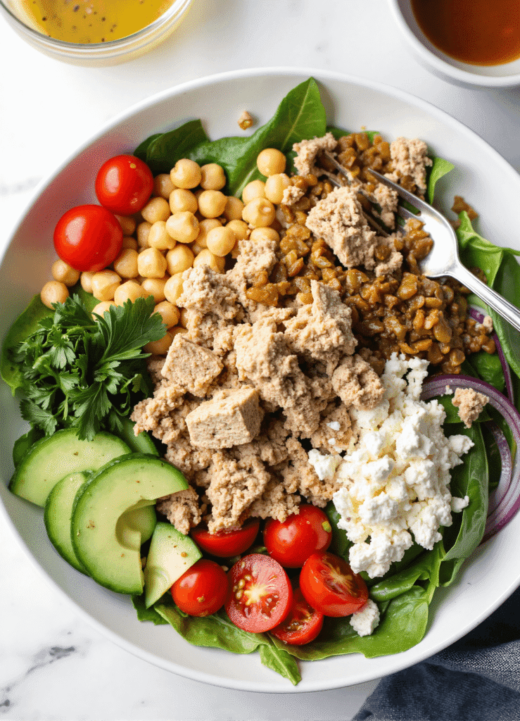 Front view of a protein-packed tuna chickpea salad with cucumbers, cherry tomatoes, red onion, feta, and lemon, arranged in a shallow bowl.