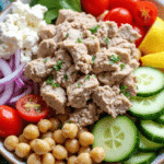 Close-up top view of a tuna chickpea salad bowl filled with cherry tomatoes, cucumbers, crumbled feta, spinach, parsley, red onion, and green lentils, arranged over leafy greens.