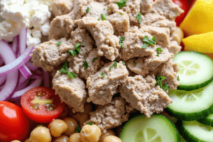 Close-up top view of a tuna chickpea salad bowl filled with cherry tomatoes, cucumbers, crumbled feta, spinach, parsley, red onion, and green lentils, arranged over leafy greens.