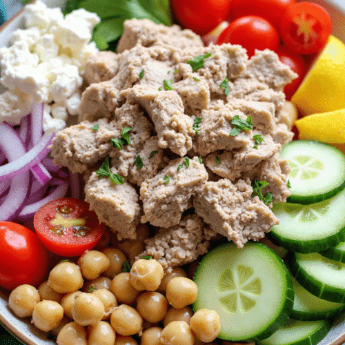 Close-up top view of a tuna chickpea salad bowl filled with cherry tomatoes, cucumbers, crumbled feta, spinach, parsley, red onion, and green lentils, arranged over leafy greens.