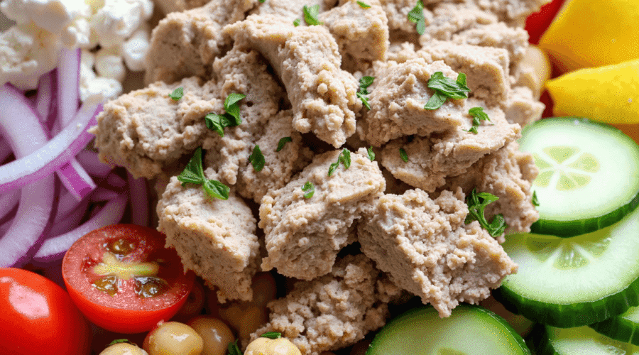Close-up top view of a tuna chickpea salad bowl filled with cherry tomatoes, cucumbers, crumbled feta, spinach, parsley, red onion, and green lentils, arranged over leafy greens.