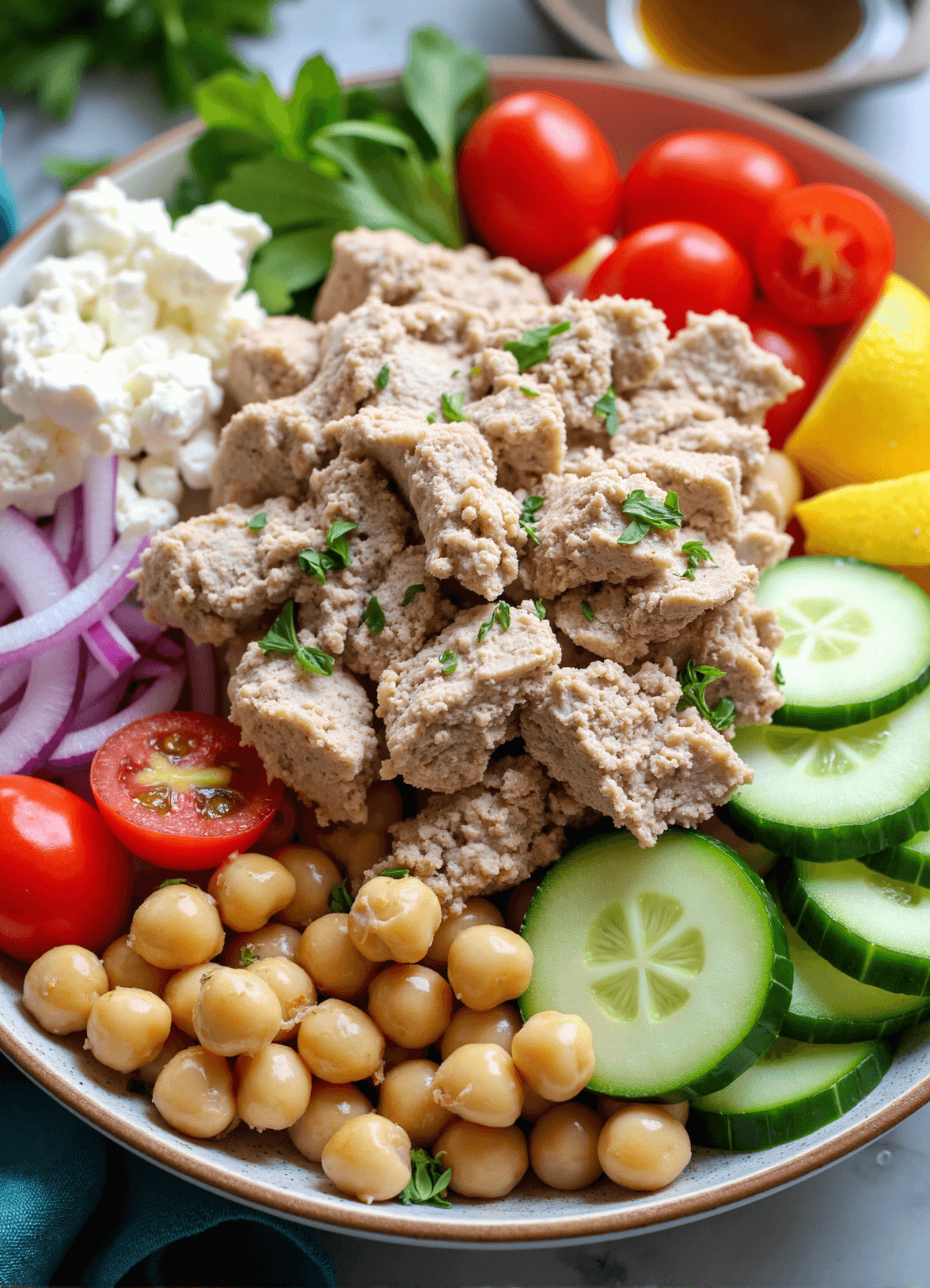 Close-up top view of a tuna chickpea salad bowl filled with cherry tomatoes, cucumbers, crumbled feta, spinach, parsley, red onion, and green lentils, arranged over leafy greens.