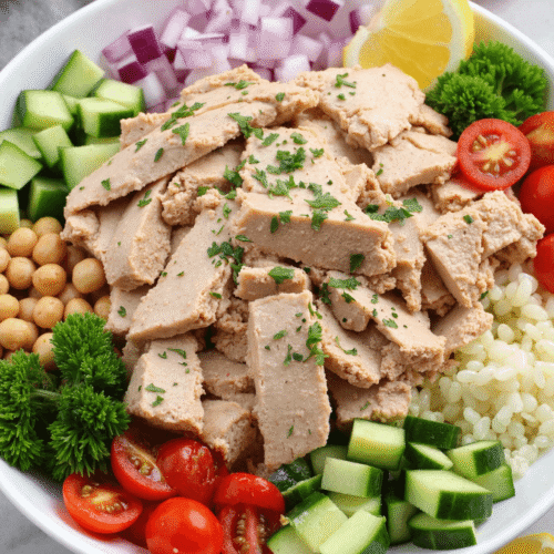 Fresh tuna garbanzo bean salad bowl with cherry tomatoes, cucumbers, red onion, lemon wedges, and lettuce – a colorful high-protein no-cook meal prep lunch.