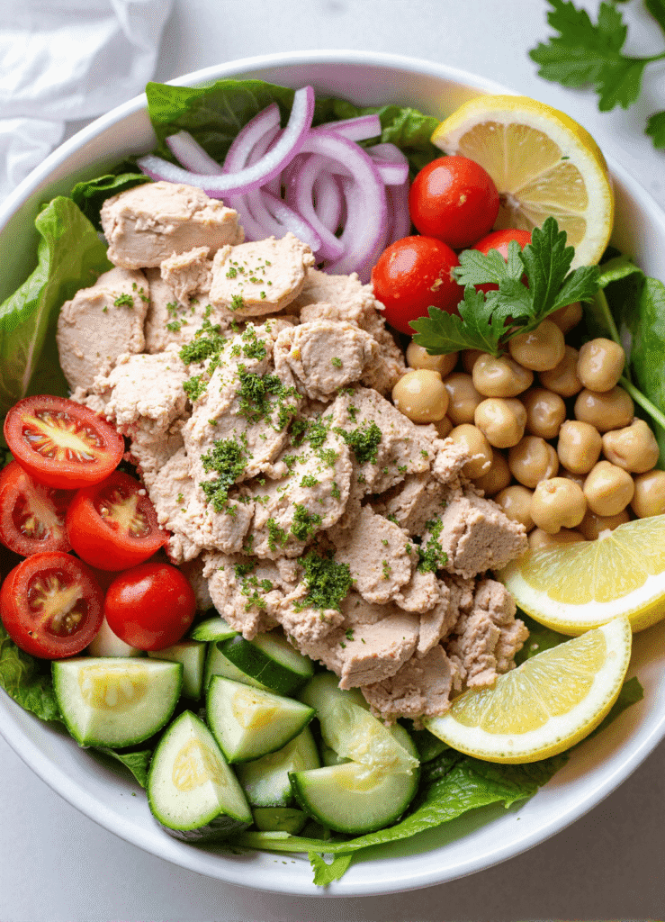 Tuna and garbanzo bean salad bowl with chopped cucumbers, red onions, parsley, grape tomatoes, and lemon – a no-cook Mediterranean meal prep lunch.