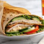Turkey & hummus wrap packed with fresh lettuce, cucumber, tomato, and lean deli turkey in a whole wheat tortilla