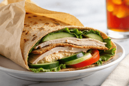 Turkey & hummus wrap packed with fresh lettuce, cucumber, tomato, and lean deli turkey in a whole wheat tortilla