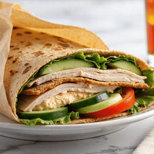 Turkey & hummus wrap packed with fresh lettuce, cucumber, tomato, and lean deli turkey in a whole wheat tortilla